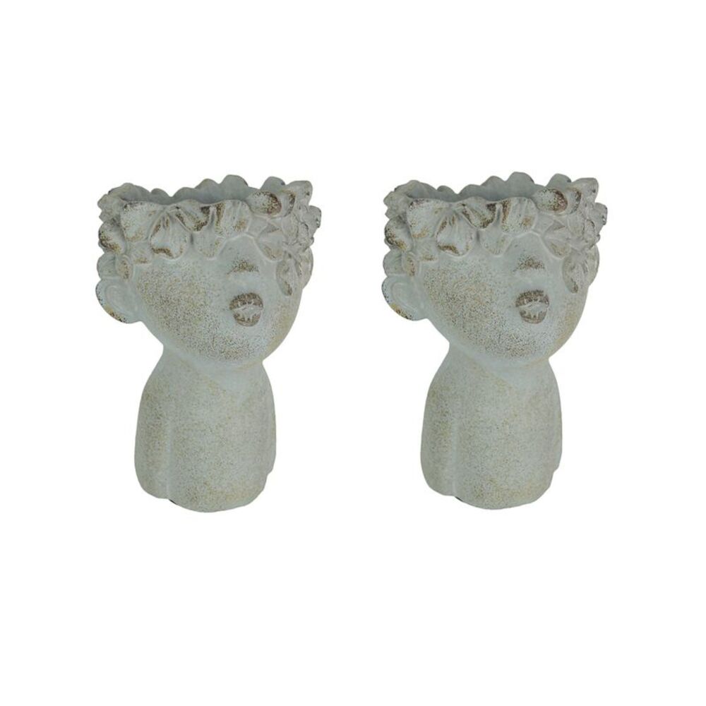 Set of 2 Pucker Up Junior Kissing Face Weathered Finish Concrete Head Planter